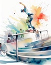 A skateboarder grinds a rail, vibrant watercolor splashes enhance the dynamic urban scene Royalty Free Stock Photo