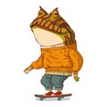 A Skateboarder, isolated vector illustration. Anthropomorphic horned frog in a casual outfit riding a skateboard