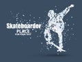 Skateboarder jump on skateboard, particle divergent composition, vector