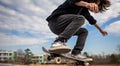 close-up of skateboarder, skateboarder with skateboard in the park, skateboarder doing tricks with skateboard Royalty Free Stock Photo