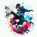 Skateboarder jumping on watercolor splashes background. Illustration AI Generated