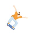 Skateboarder with long hair riding fast down the hill isolated against white background