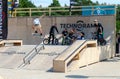 Skateboarder performs leap into ramp, Palanga, Lithuania Royalty Free Stock Photo