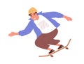 Skateboarder riding skateboard. Young skater training on long board. Summer street activity. Colored flat cartoon vector