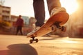 Skateboarder skateboarders legs performing jumping trick young skater guy action freestyle skateboarding practice jump