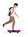 Skateboarder, skater with backpack flat vector illustration. Schoolboy skateboarding. Teenage boy riding skate cartoon character
