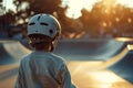 Skateboarder looking at skate ramps in sunset