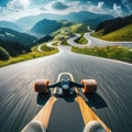 Skateboarder takes an exhilarating ride down a winding country road