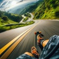 Skateboarder takes an exhilarating ride down a winding country road