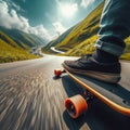 Skateboarder takes an exhilarating ride down a winding country road