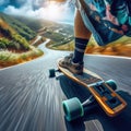 Skateboarder takes an exhilarating ride down a winding country road