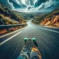 Skateboarder takes an exhilarating ride down a winding country road