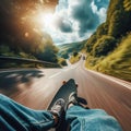 Skateboarder takes an exhilarating ride down a winding country road