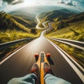 Skateboarder takes an exhilarating ride down a winding country road Royalty Free Stock Photo