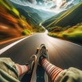 Skateboarder takes an exhilarating ride down a winding country road Royalty Free Stock Photo