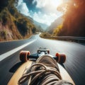 Skateboarder takes an exhilarating ride down a winding country road