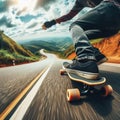 Skateboarder takes an exhilarating ride down a winding country road Royalty Free Stock Photo