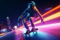 Skateboarder wearing spacesuit riding on urban street. Generate ai