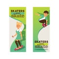 Skateboarders on skateboard vector skateboarding boy or girl characters backdrop teenager skaters jumping on board in