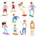 Skateboarders vector young boy or girl characters skateboarding on skateboard illustration set of teenager skaters