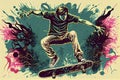 Skateboarding background. Extreme sports vector illustration with guy man skater