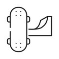 Skateboarding black line icon on white background. Extreme sport. Tricks on a skateboard. Skateboarding ompetitions. Pictogram for