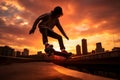 Skateboarding city sunset jump. Generate Ai Royalty Free Stock Photo