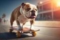 Skateboarding dog. Bulldog rides skateboard in summer city. Ai generative illustration.