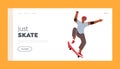 Skateboarding Outdoors Activity Landing Page Template. Man in Modern Clothes and Safety Helmet Jumping on Skateboard