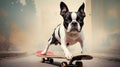 Skateboarding Paws: A Boston Terrier Masters the Art of Riding with Playful Flair Royalty Free Stock Photo