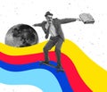 Skateboarding on rainbow. Contemporary art collage. New ideas and creative inspiration. Concept of retro vintage style