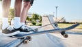Skateboarding, skateboards and skatepark drop in for extreme sports exercise friend for dangerous fun, adrenaline rush