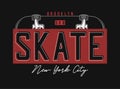 Skateboarding t shirt design. New York, Brooklyn skatepark print for t-shirt with skateboard and slogan. Tee shirt and apparel