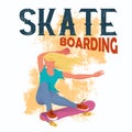 Skateboarding. The young beautyful girl with golden hair on pink skateboard does a trick. Vector illustration.