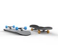 Skateboards with blue and yellow wheels