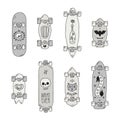 Skateboards and longboards black & gray scary cartoon vector set