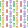 Skateboards and longboards cartoon style vector seamless pattern.