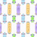 Skateboards and longboards cartoon style vector seamless pattern (orange, purple, blue, green).