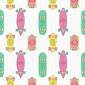 Skateboards and longboards cartoon style vector seamless pattern