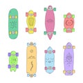 Skateboards and longboards vector set cartoon style. Royalty Free Stock Photo