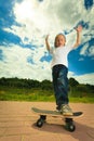 Skater boy child with his skateboard. Outdoor activity. Royalty Free Stock Photo