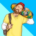 Skater boy, hipster holding skateboard, pop art Royalty Free Stock Photo