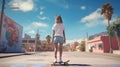 Skater girl riding on skateboard, standing on her longboard on an empty street towards the sun