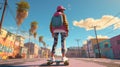 Skater girl riding on skateboard, standing on her longboard on an empty street towards the sun