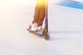 Skater practicing long board riding outdoors in skateboarding park in sunny summer day. Royalty Free Stock Photo