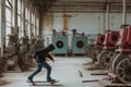 skater pushing past a line of abandoned factory equipment