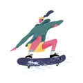 Skater riding skateboard. Skateboarder jumping or tricking on skate board. Summer sports activity. Flat textured graphic