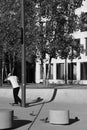 Skater in white shirt in front of the theater in Dsseldorf, Germany