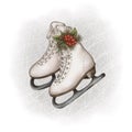 skates with a blade for skating on ice with a sprig of Christmas berries. winter illustration.