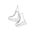 Skates are hanging on the wall one line art. Continuous line drawing of new year holidays, winter accessory, traditional